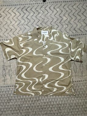 Frame Denim Olive Short-Sleeve Button-Up with White Wave Print